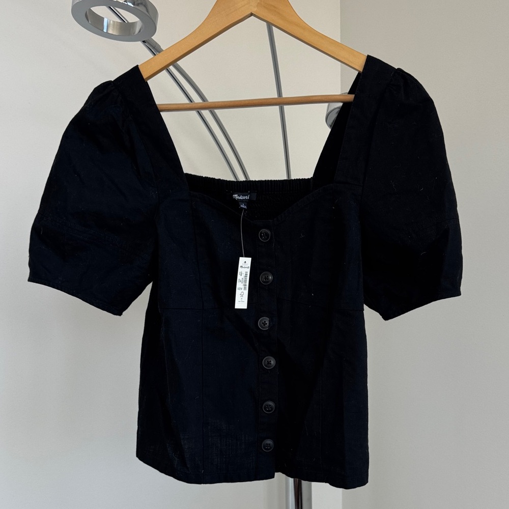 Madewell Black Square-Neck Puff Sleeve Button-Front Blouse